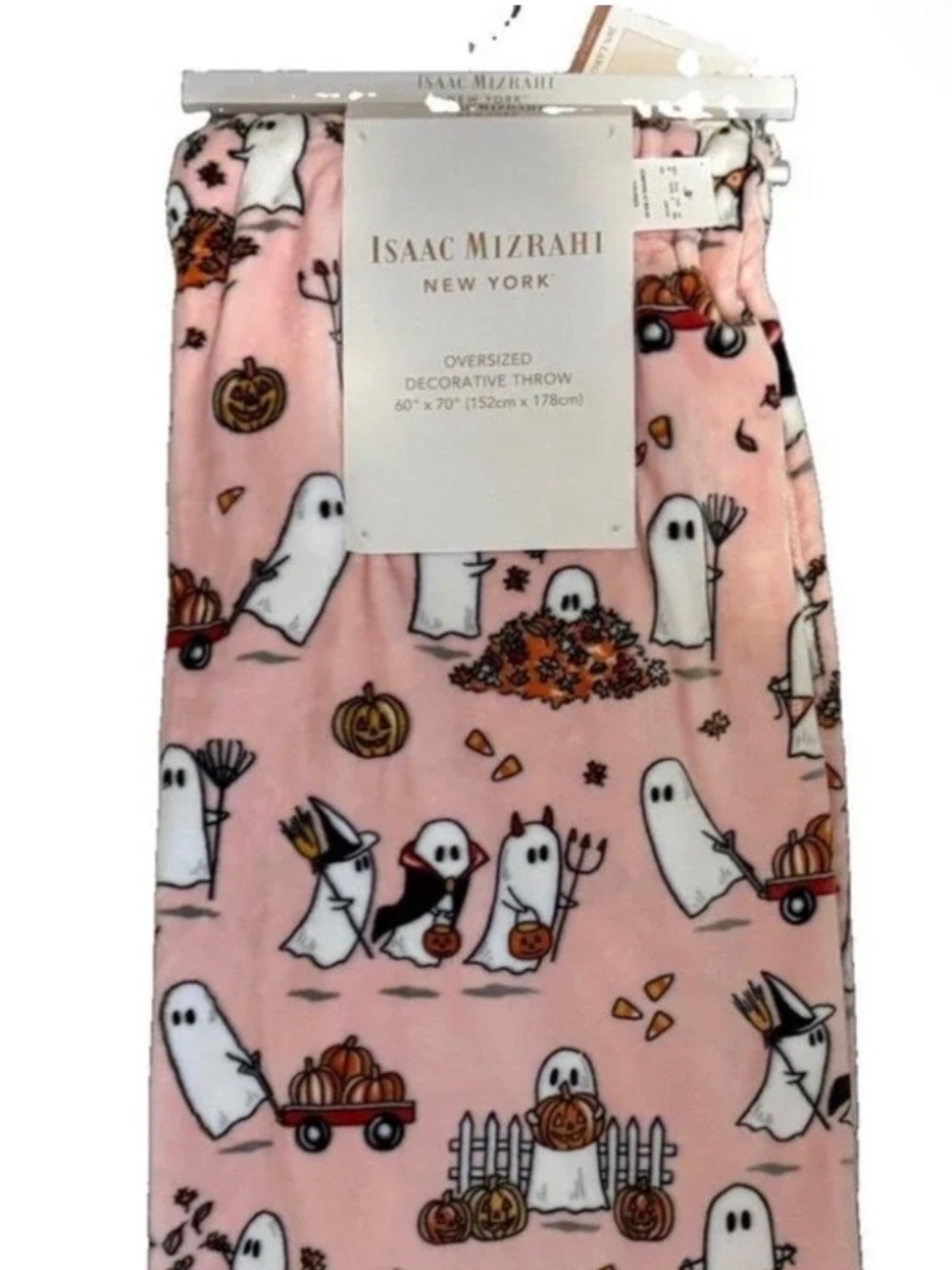 RARE Isaac Mizrahi Pink Halloween Fall Ghosts & Pumpkin Oversized Throw NWT